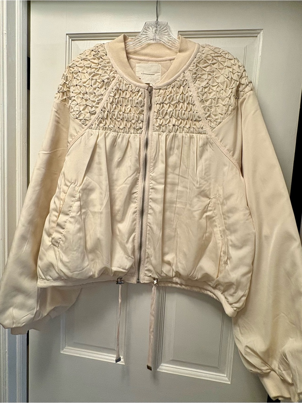 Anthropologie Cream Smocked Yoke Satin Bomber Jacket